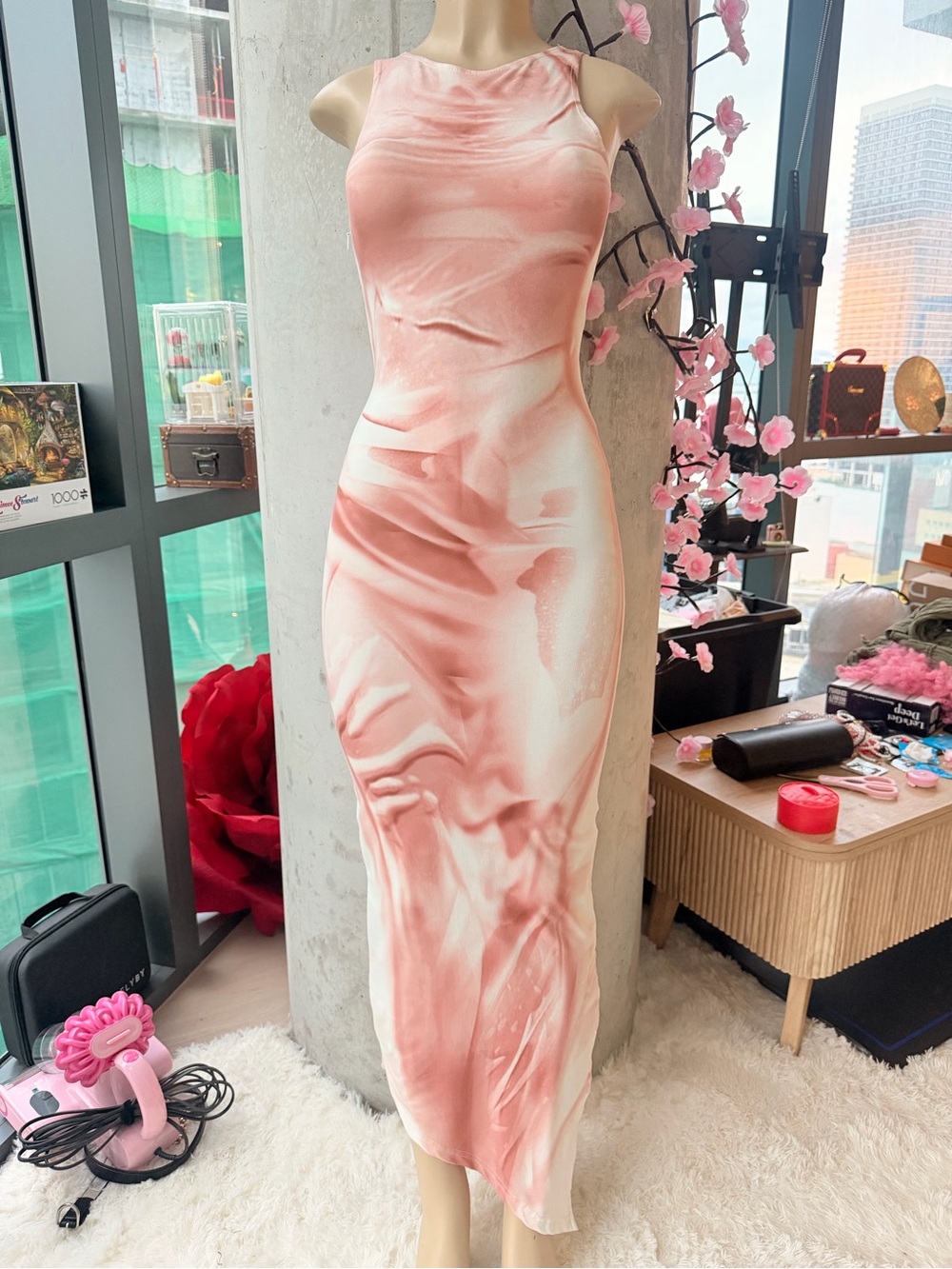 Peach Pink Marble Wet Look Bodycon Sleeveless Midi Dress with Slit Size XS
